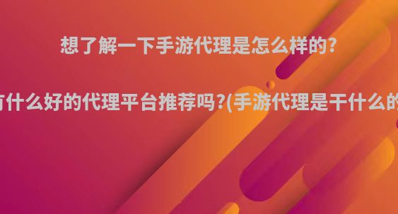 想了解一下手游代理是怎么样的?有什么好的代理平台推荐吗?(手游代理是干什么的)
